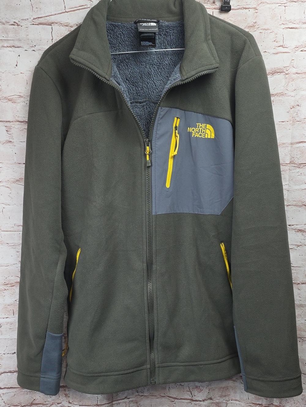 The North Face Olive Green Fleece Jacket with Gray Panel and Yellow Accents